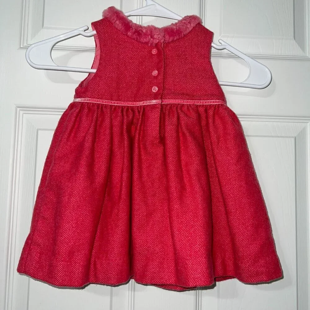 Baby Gap Toddler Girl Herringbone Fur Trim Collar Holiday Dress Wool Size 12-18M
